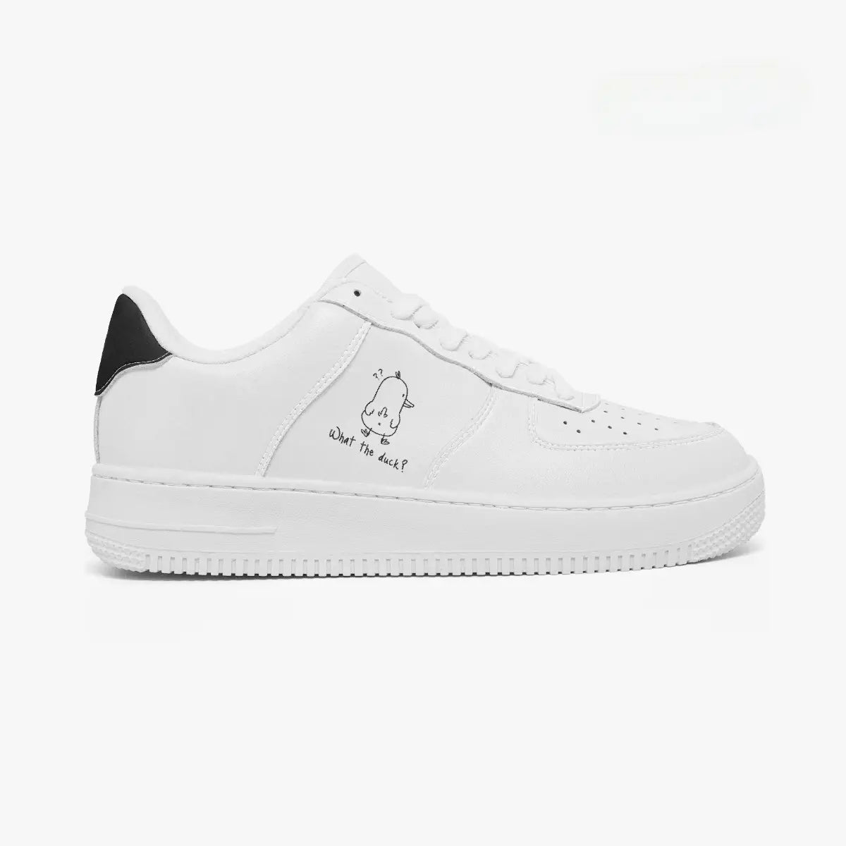 Outer side view of the right sneaker featuring an all-white silhouette, "What the duck?" text design, and thick rubber midsole facing right.