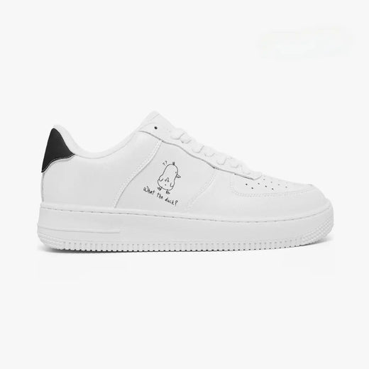 Outer side view of the right sneaker featuring an all-white silhouette, "What the duck?" text design, and thick rubber midsole facing right.
