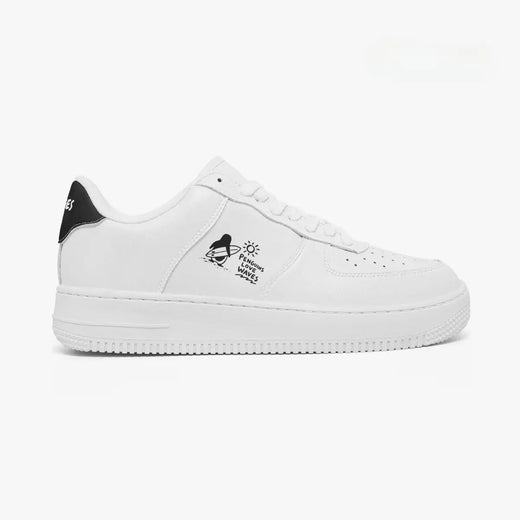 Outer side view of the right shoe in white, showing the minimal penguin illustration and thick textured rubber midsole facing right.