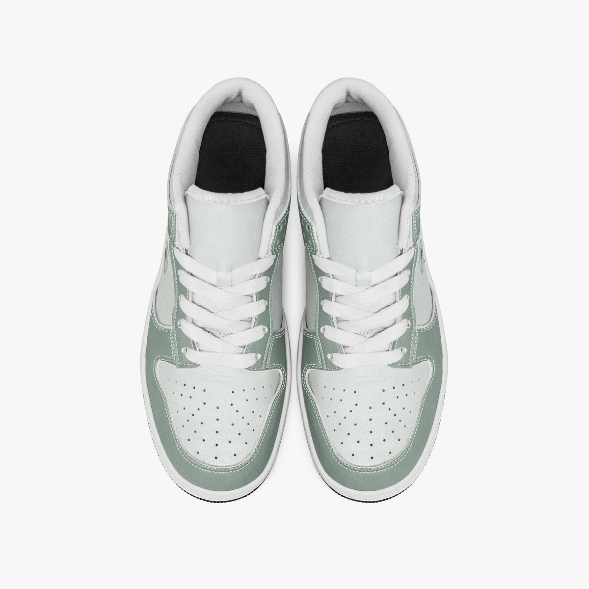 Overhead view of sage green and off-white sneakers showing clean white laces, white padded collar lining, and perforated off-white leather toe boxes.