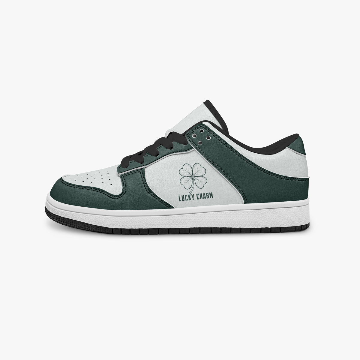 Side profile view of the left sneaker highlighting the green leather panels, clover emblem, black interior lining, and flat rubber sole facing right.
