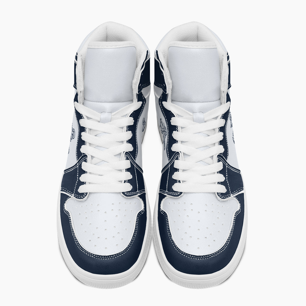 Overhead top-down view of high-top sneakers highlighting navy blue eyestays, white lacing, and perforated white leather vamps.