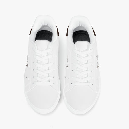 A pair of white low-top sneakers shown from a top-down view on a clean white background.