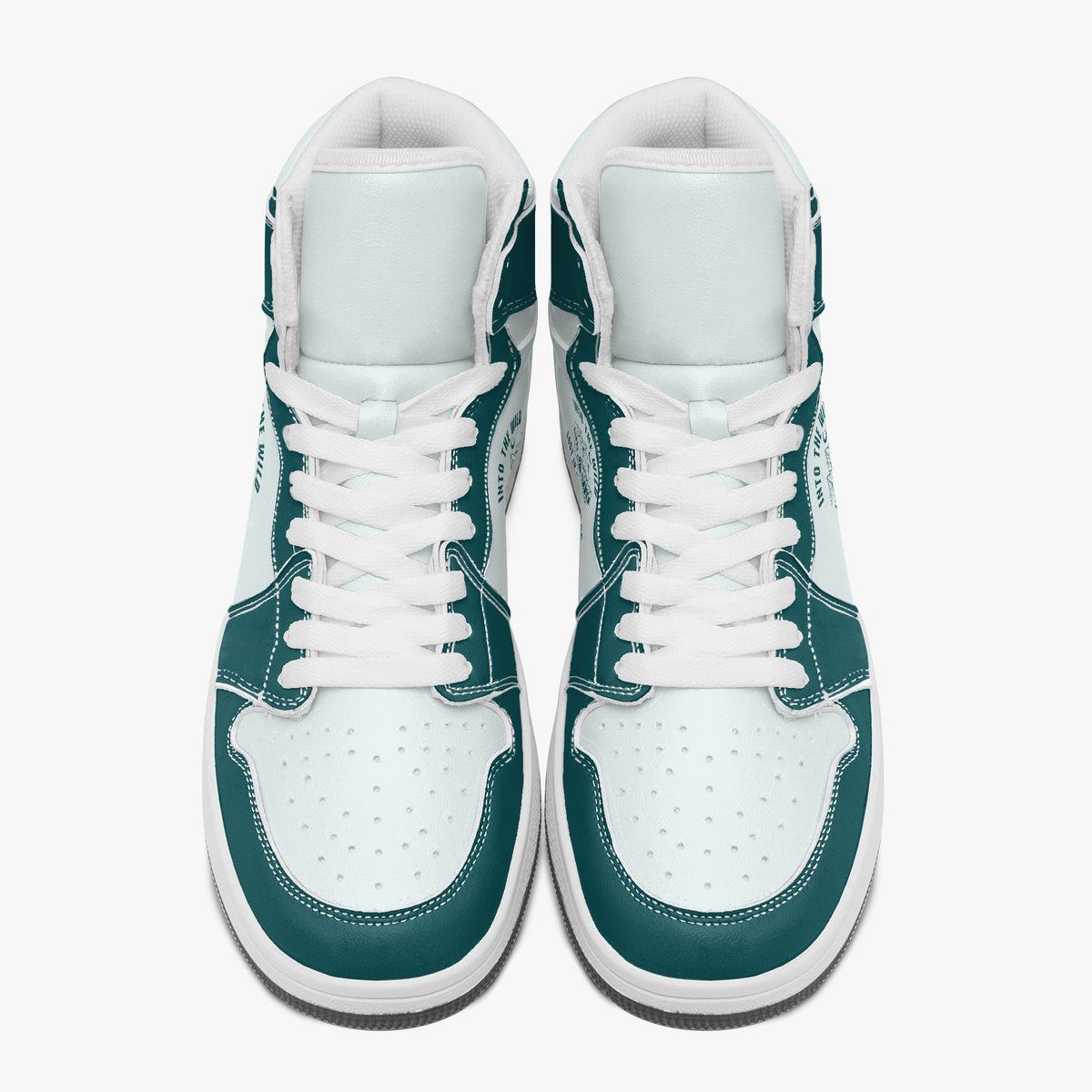 Overhead view of dark teal and white high-top sneakers showing clean white laces, white padded collar lining, and perforated white leather toe boxes.