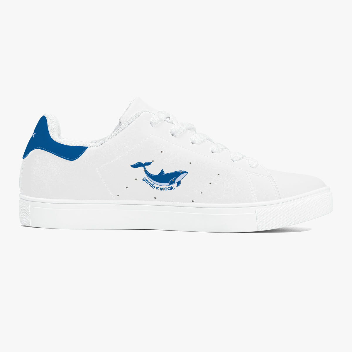 A white low-top sneaker with blue accents, featuring a blue whale graphic and the text 'DIVING WORLD' on the side, set against a clean white background.