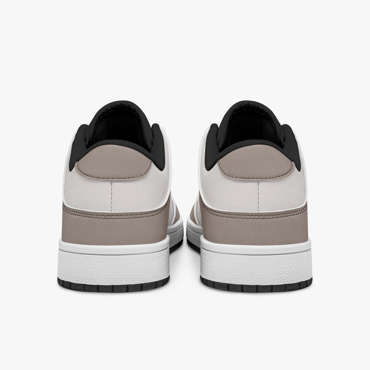 Rear view of taupe and off-white sneakers showing taupe leather heel overlays, light off-white collar panels, and black interior collar lining above white midsoles.