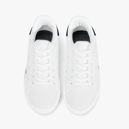 A pair of white low-top sneakers shown from a top-down view against a clean white background.