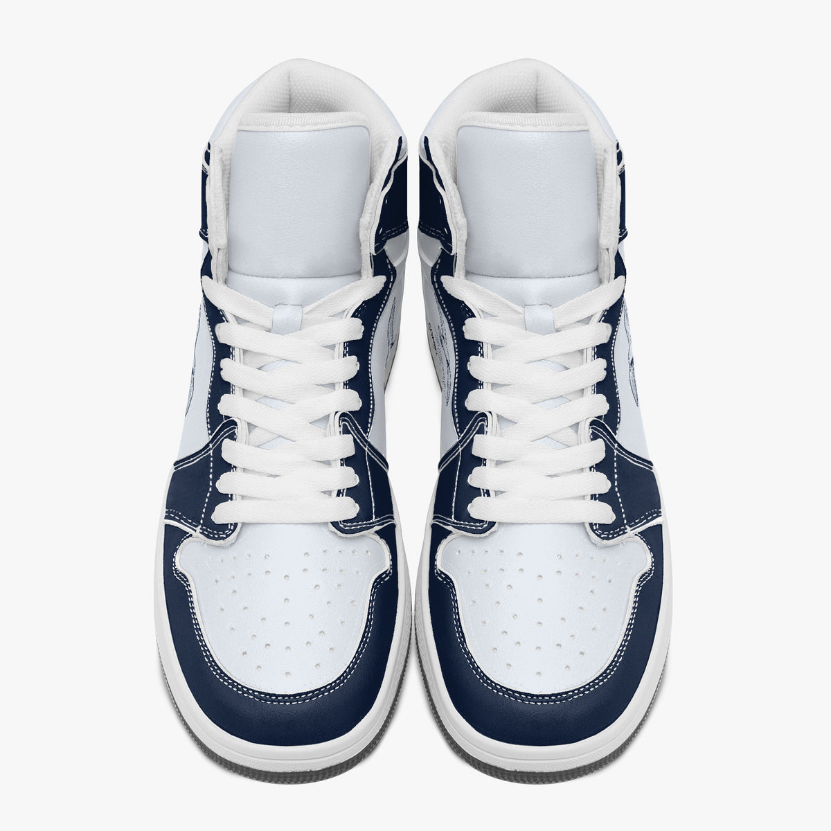 Overhead view of navy blue and white high-top sneakers showing clean white laces, white padded collar lining, and perforated white leather toe boxes.