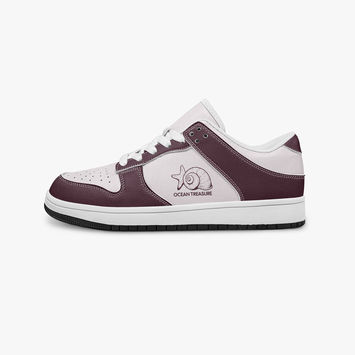 Side profile view of the left sneaker in burgundy and pale pink leather, highlighting the "OCEAN TREASURE" seashell design, white laces, white interior lining, and flat rubber sole facing right.