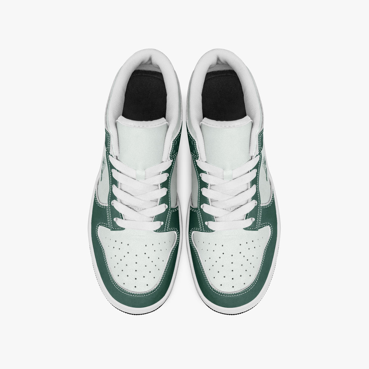 Overhead view of forest green and white sneakers showing clean white laces, white padded collar lining, and perforated white leather toe boxes.