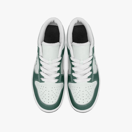 Overhead view of forest green and white sneakers showing clean white laces, white padded collar lining, and perforated white leather toe boxes.