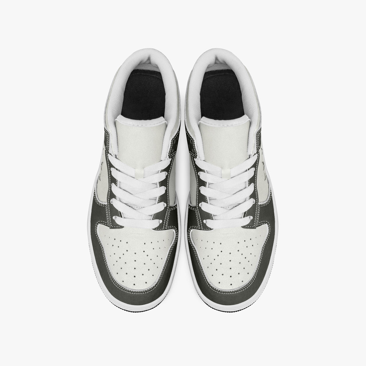 Overhead view of olive-grey and off-white sneakers showing clean white laces, white padded collar lining, and perforated off-white leather toe boxes.