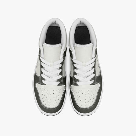 Overhead view of olive-grey and off-white sneakers showing clean white laces, white padded collar lining, and perforated off-white leather toe boxes.