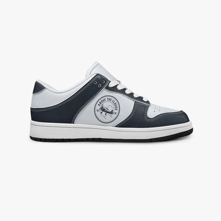Side profile view of the right sneaker in navy blue and off-white leather, highlighting the airplane emblem with "ABOVE THE CLOUDS", white eyelet lacing, and flat rubber sole facing right.
