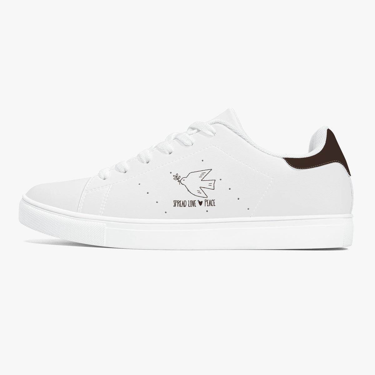 A white low-top sneaker with a dark brown heel tab, featuring a printed dove and the words 'SPREAD LOVE • FEAR' on the side, shown against a plain white background.