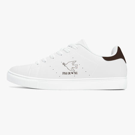 A white low-top sneaker with a dark brown heel tab, featuring a printed dove and the words 'SPREAD LOVE • FEAR' on the side, shown against a plain white background.