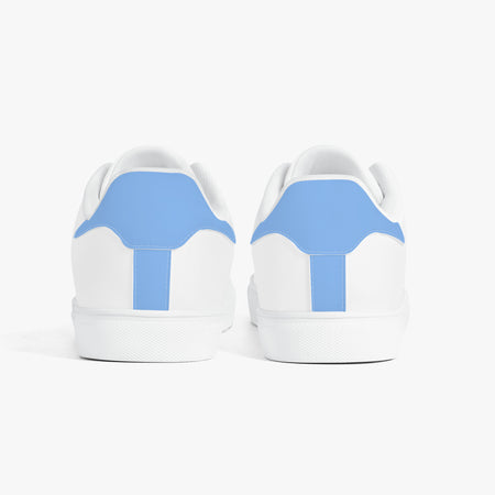 White sneakers with blue accents on a white background