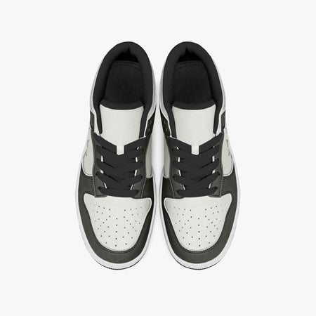 Overhead view of olive-grey and off-white sneakers displaying black laces, black padded collar lining, and perforated off-white leather toe boxes.