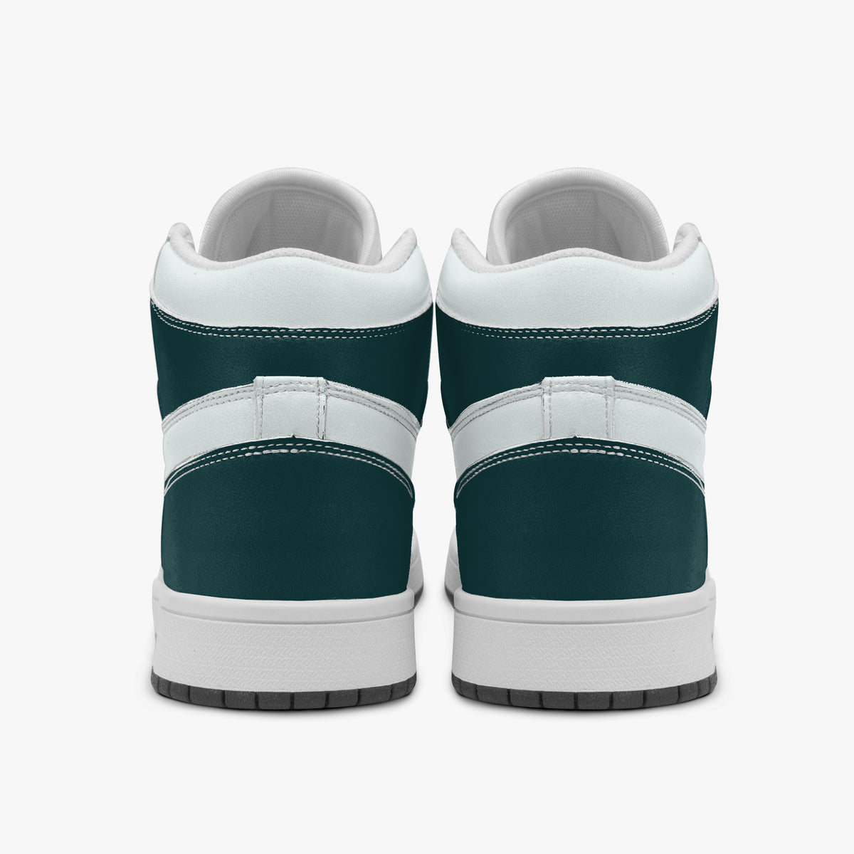 Centered rear view of high-top sneakers showing dark teal leather heel wraps, white padded upper collars, and clean white midsoles.