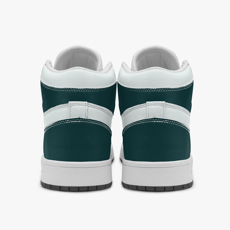 Centered rear view of high-top sneakers showing dark teal leather heel wraps, white padded upper collars, and clean white midsoles.