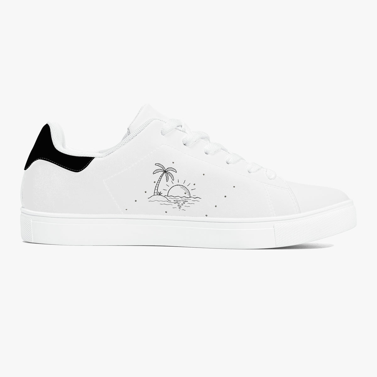 White sneaker with black accents and 'quiet' text on a white background