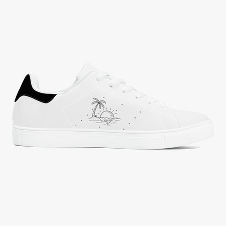 White sneaker with black accents and 'quiet' text on a white background