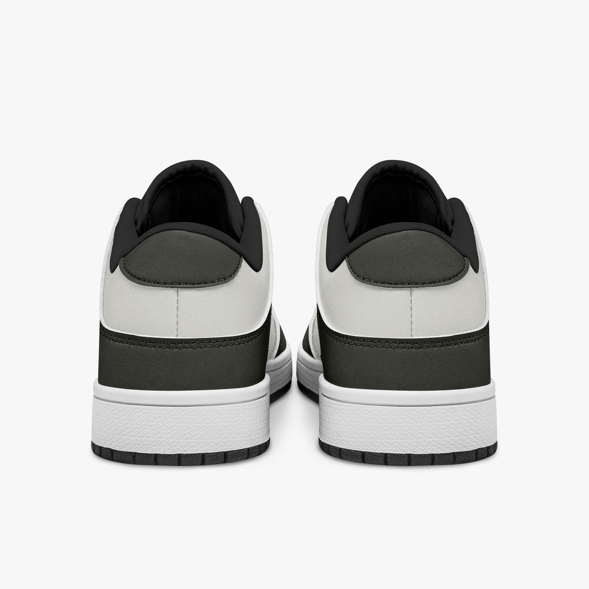 Rear view of olive-grey and off-white sneakers showing dark heel overlays, off-white leather collar panels, and black interior collar lining above white midsoles.
