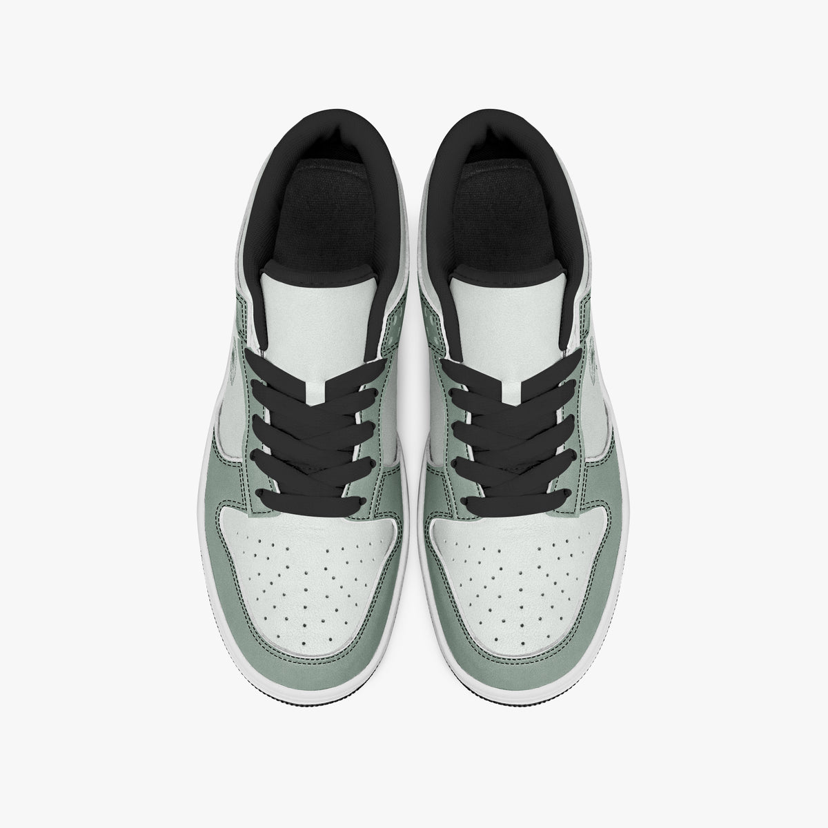 Overhead view of sage green and off-white sneakers displaying black laces, black padded collar lining, and perforated off-white leather toe boxes.
