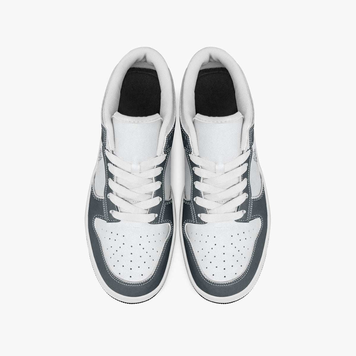 Overhead view of slate blue-grey and white sneakers showing clean white laces, white padded collar lining, and perforated white leather toe boxes.