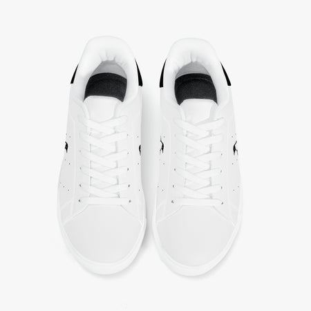 A pair of white low-top sneakers shown from a top-down view on a clean white background. Each shoe features white laces, a white leather upper, a black heel tab, and a small black embroidered logo on the side.