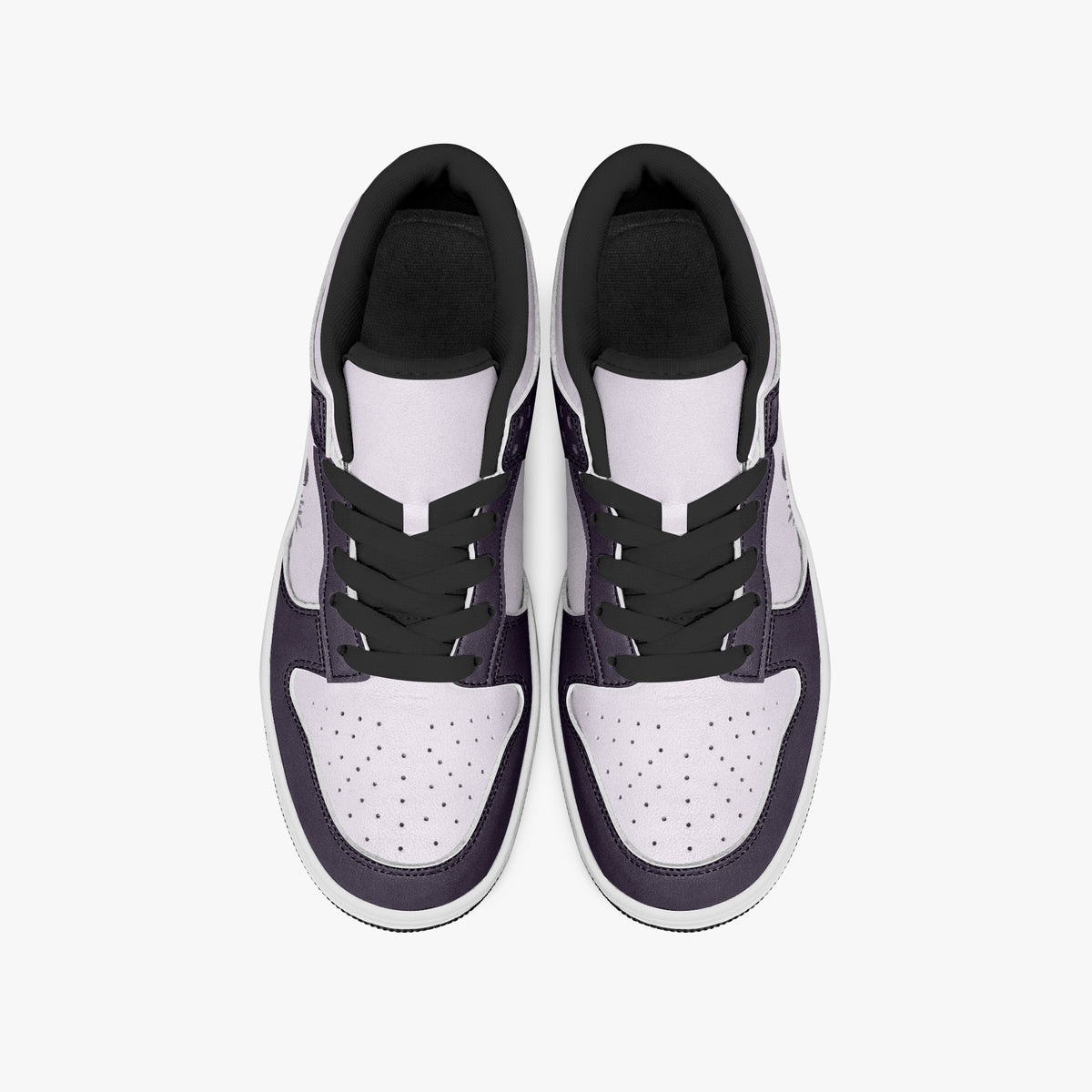 Overhead view of plum purple and lilac sneakers displaying black laces, black padded collar lining, and perforated lilac leather toe boxes.