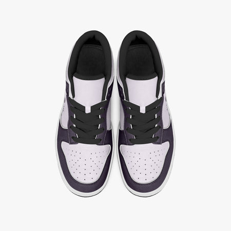 Overhead view of plum purple and lilac sneakers displaying black laces, black padded collar lining, and perforated lilac leather toe boxes.