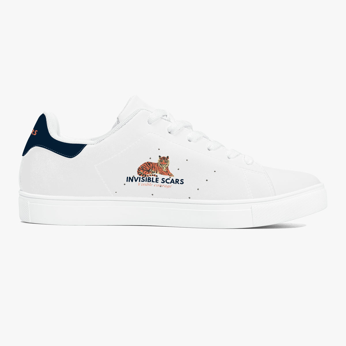Invisible Scars Visible Courage Tiger White Leather Sneakers