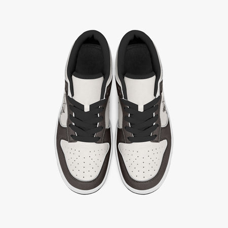 Overhead view of dark brown and off-white sneakers displaying black laces, black padded collar lining, and perforated off-white leather toe boxes.