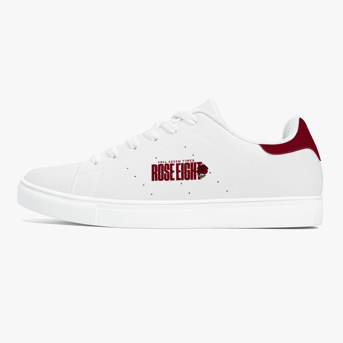 A white low-top sneaker with a dark red heel tab, white laces, and a dark red 'ROSE EIGHTH' graphic with a rose emblem on the side, shown against a light gray background.