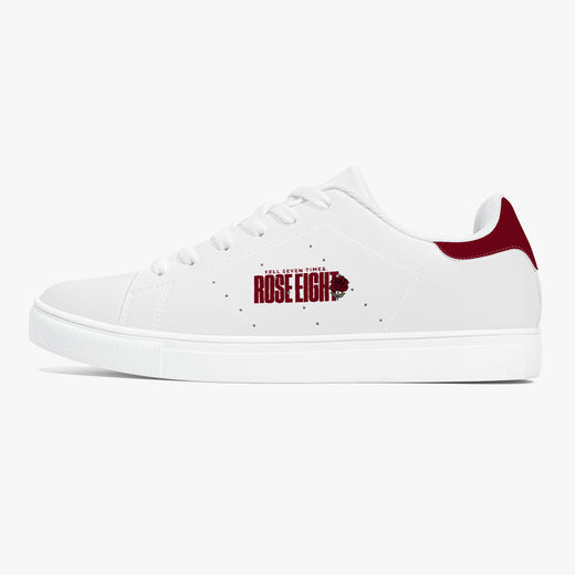 A white low-top sneaker with a dark red heel tab, white laces, and a dark red 'ROSE EIGHTH' graphic with a rose emblem on the side, shown against a light gray background.