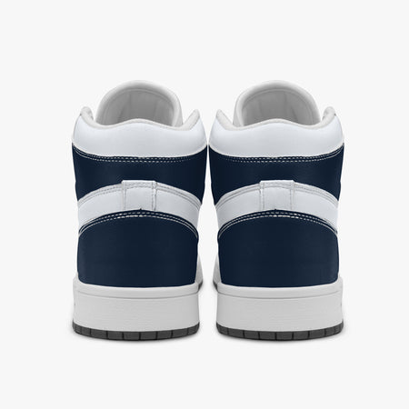 Centered rear view of high-top sneakers showing dark navy leather heel wraps, white padded upper collars, and clean white midsoles.
