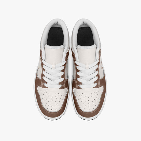 Overhead view of brown and cream sneakers showing clean white laces, white padded collar lining, and perforated cream leather toe boxes.