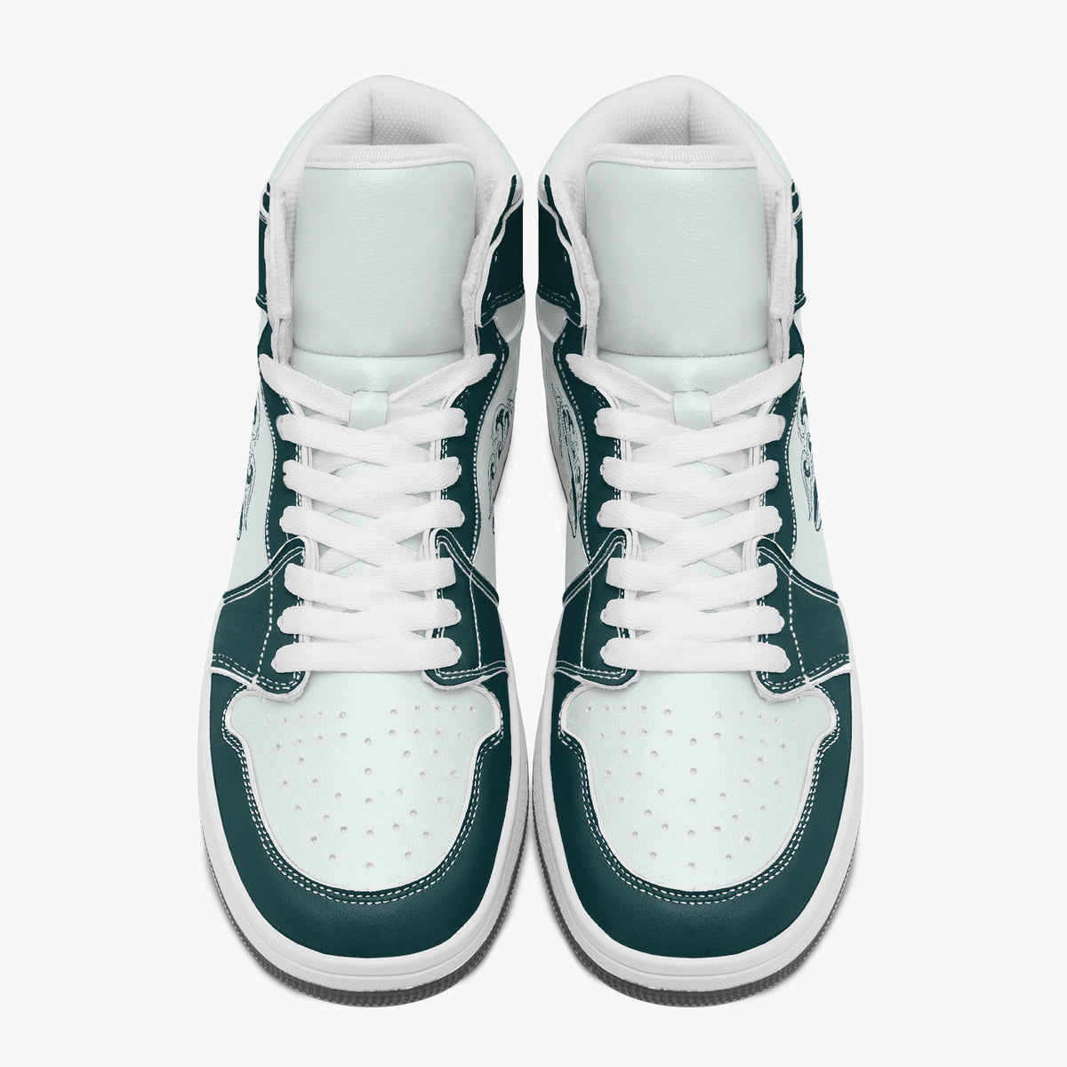 Overhead view of dark teal and white high-top sneakers showing clean white laces, white padded collar lining, and perforated white leather toe boxes.