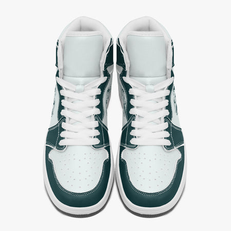Overhead view of dark teal and white high-top sneakers showing clean white laces, white padded collar lining, and perforated white leather toe boxes.