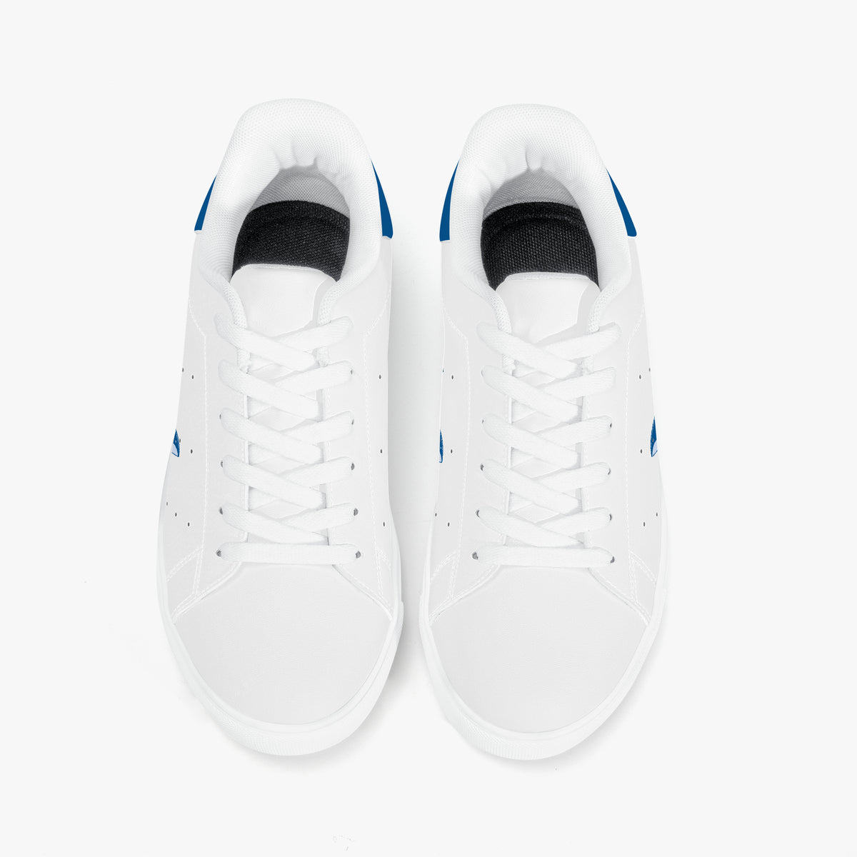 A pair of white low-top sneakers shown from a top-down view on a clean white background, featuring small blue accents on the heel and side, and a black interior lining.
