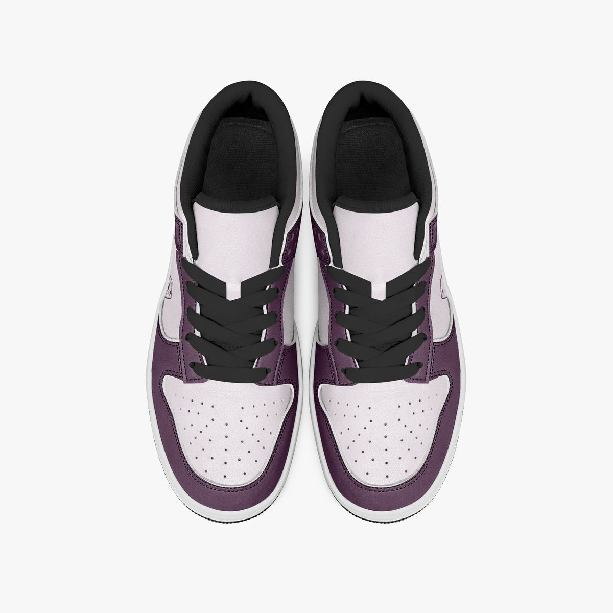 Overhead view of plum purple and pale lilac sneakers showing black laces, black inner collar lining, and perforated toe boxes.